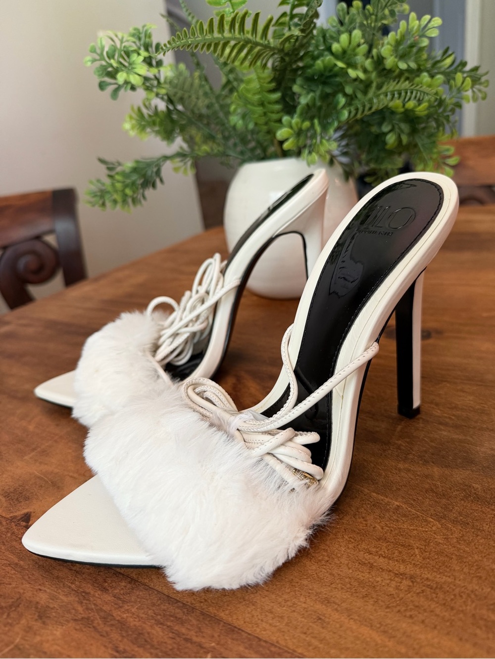 JLO x REVOLVE Gansevoort Faux Mink Lace-Up Heels | Off White | Size 10M
